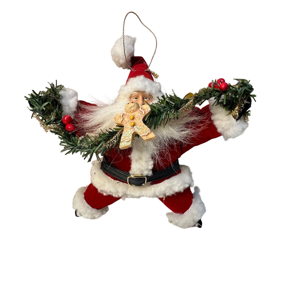 Star Shaped Plush Dancing Santa Garland Ornament Gingerbread Cookie Vintage